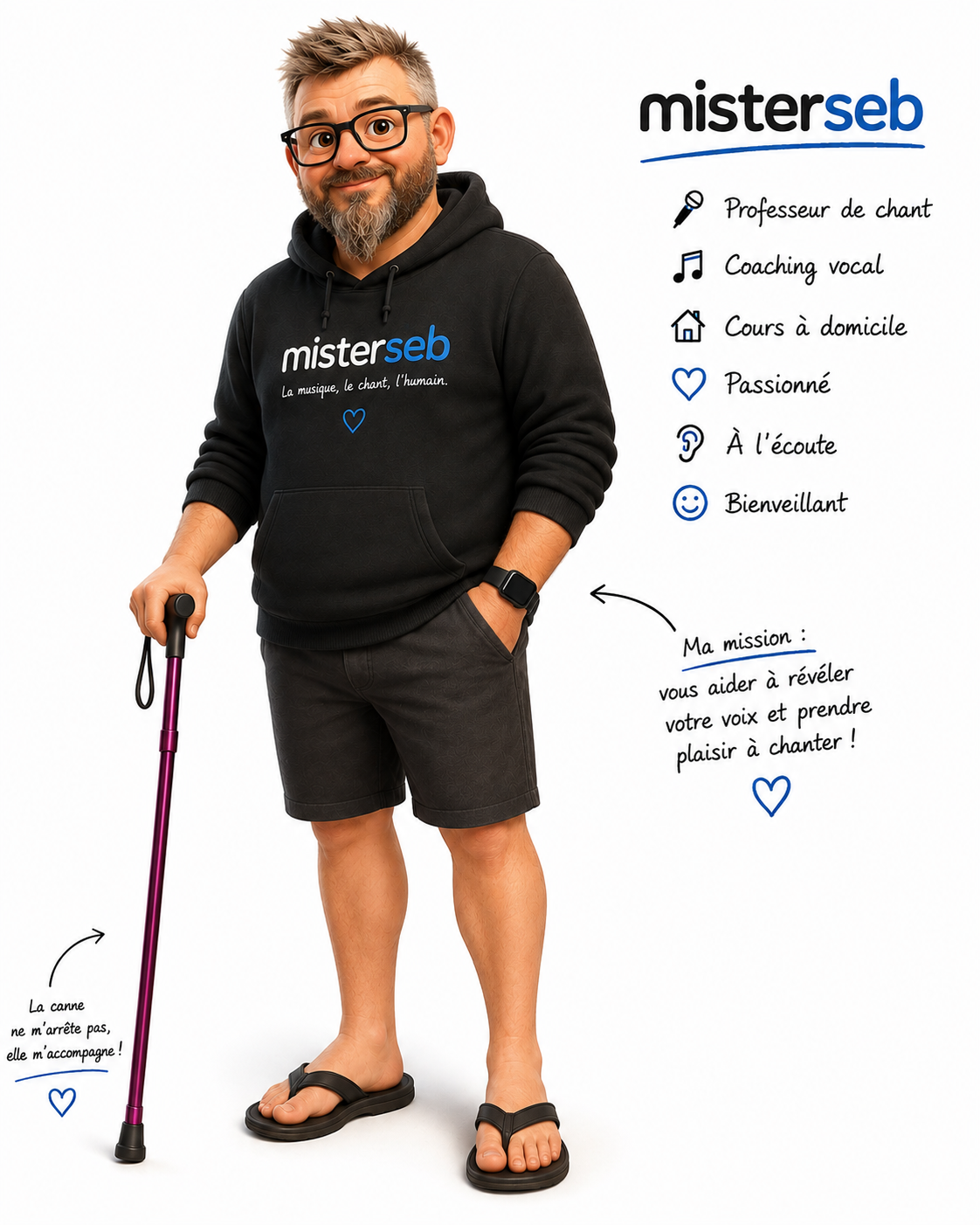 Sébastien Brebion, MISTERSEB, avec sa canne violette